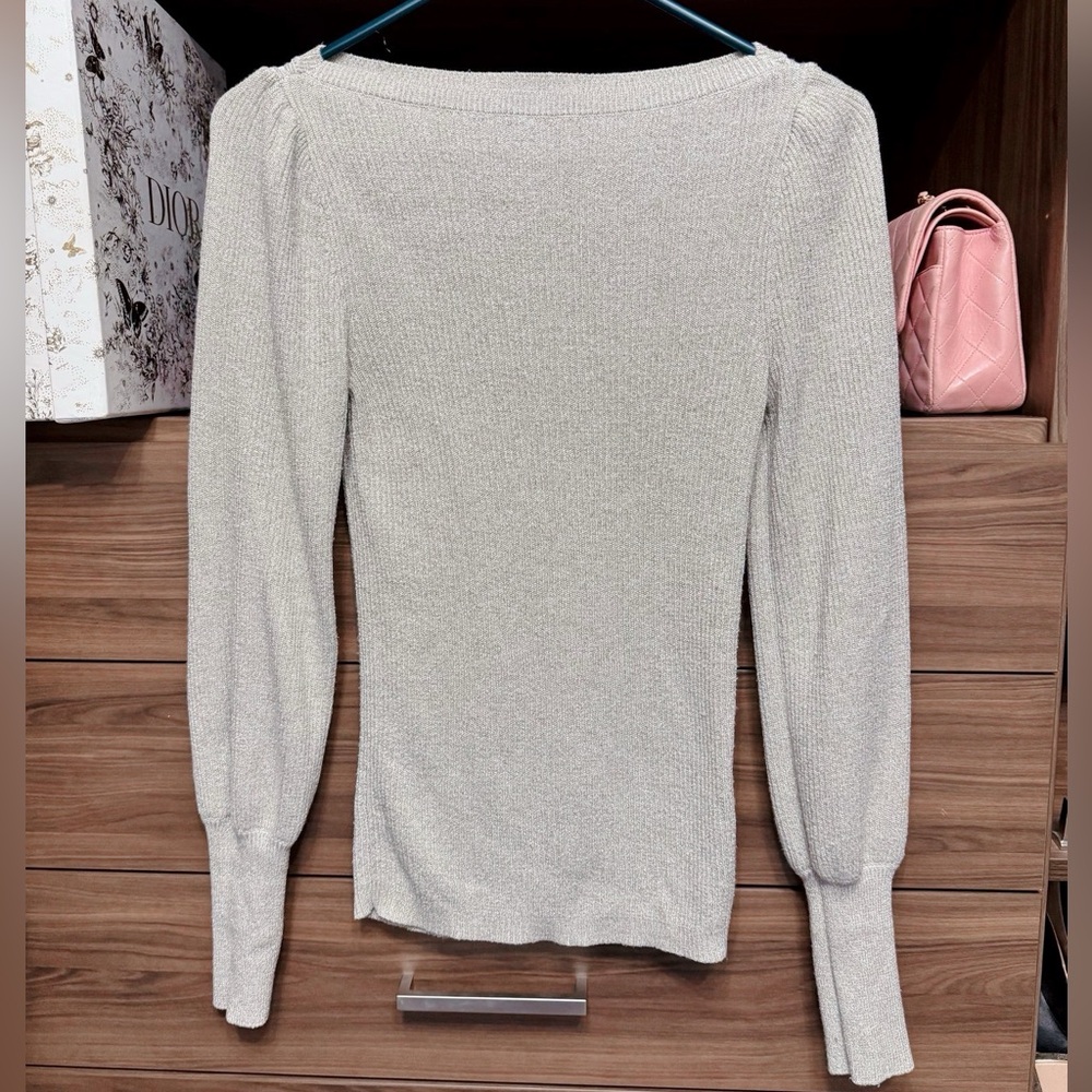 Ann Taylor Elegant sliver/white sequin metallic puff sleeves boatneck sweater XS